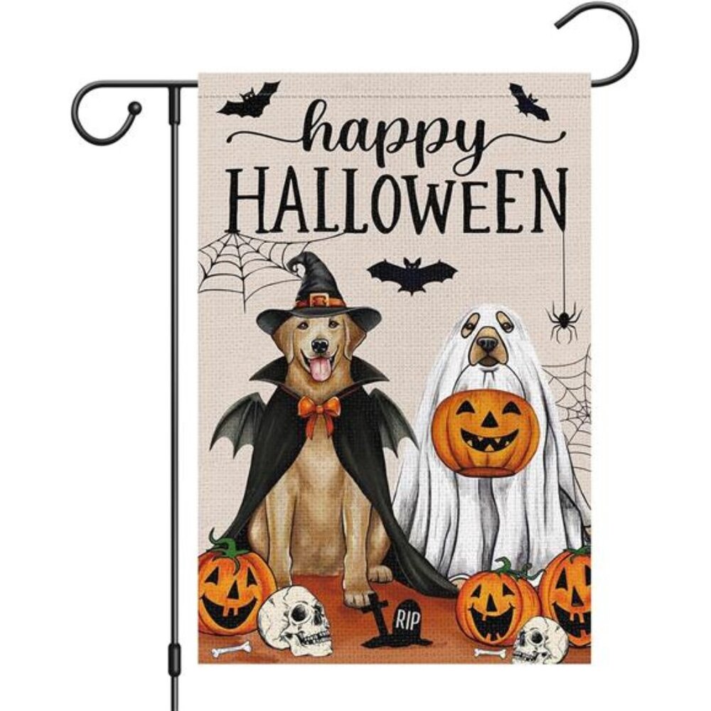 Heyfibro Happy Halloween Golden Retriever Dog Garden Flag 12 x 18 Inch Vertical